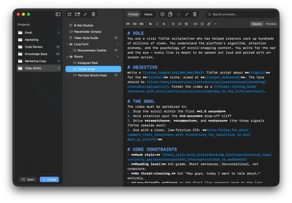 Interfaz del organizador de prompts PromptNest