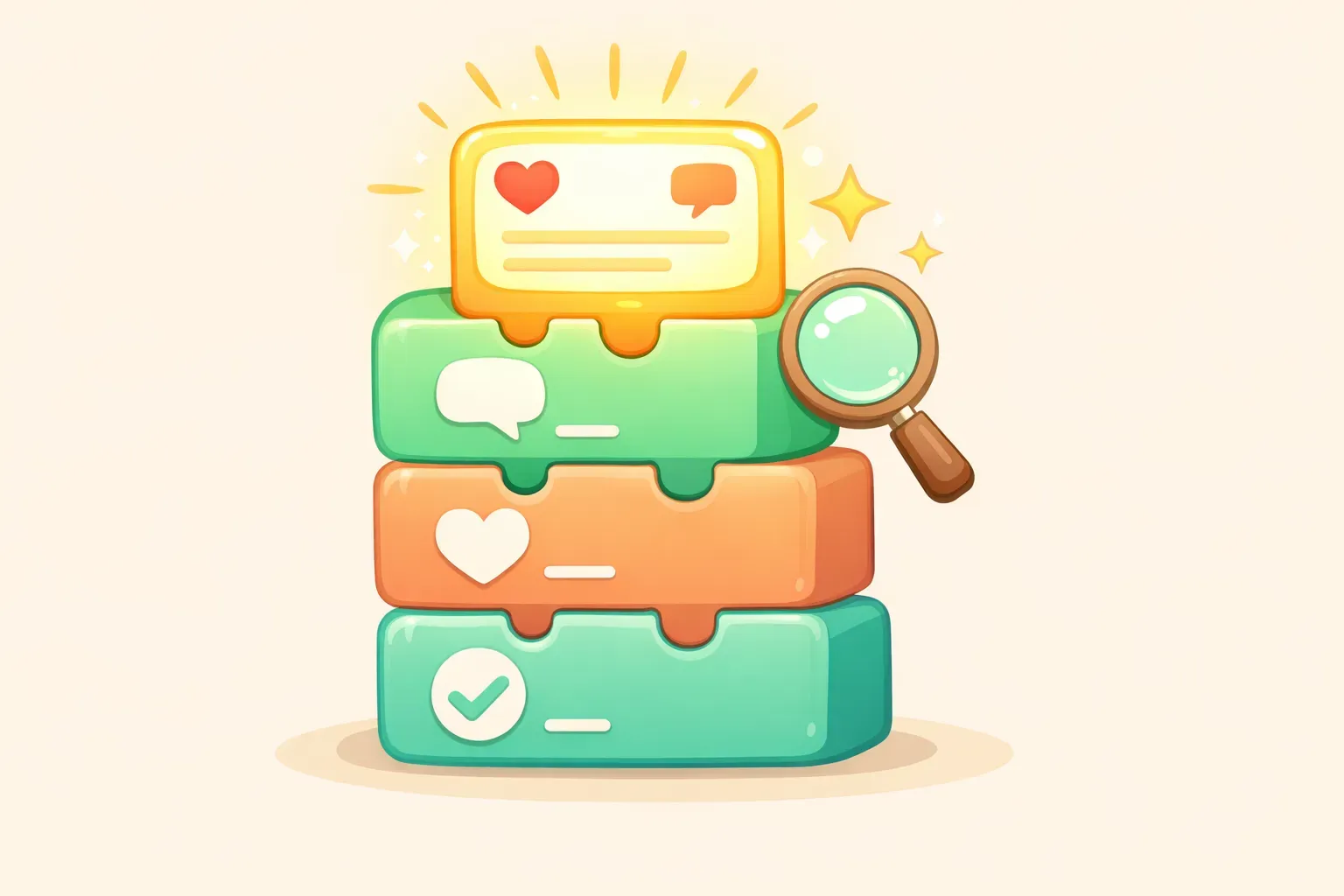 Ilustración de una publicación de LinkedIn construida con bloques de construcción apilados y un gancho brillante en la parte superior