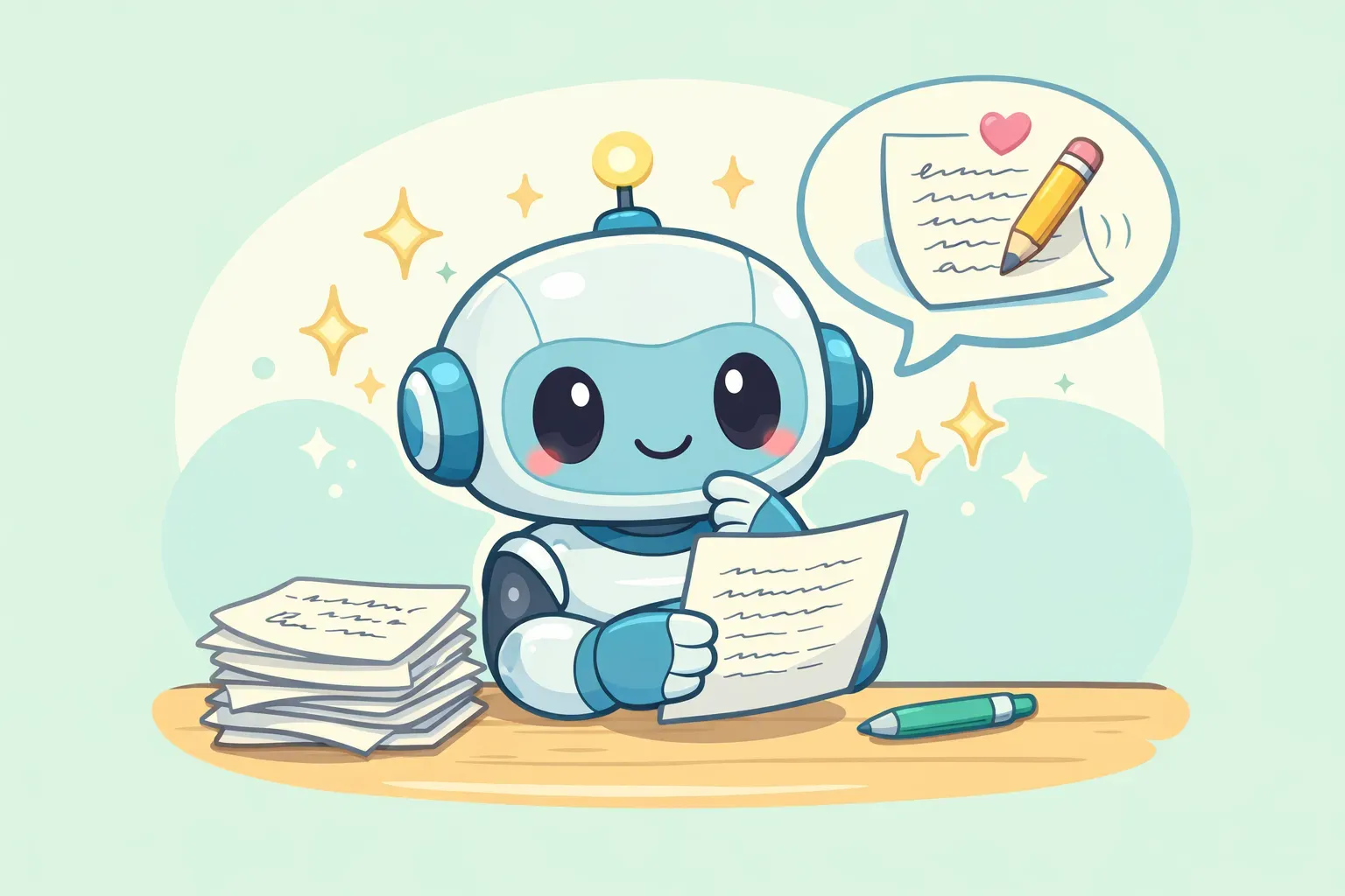 Un robot de dibujos animados simpático estudiando páginas manuscritas para aprender la voz y el estilo de quien escribe