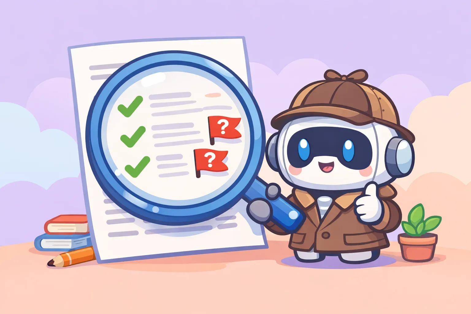 Un robot de dibujos animados revisando un documento con una lupa, marcando datos con tics y banderas