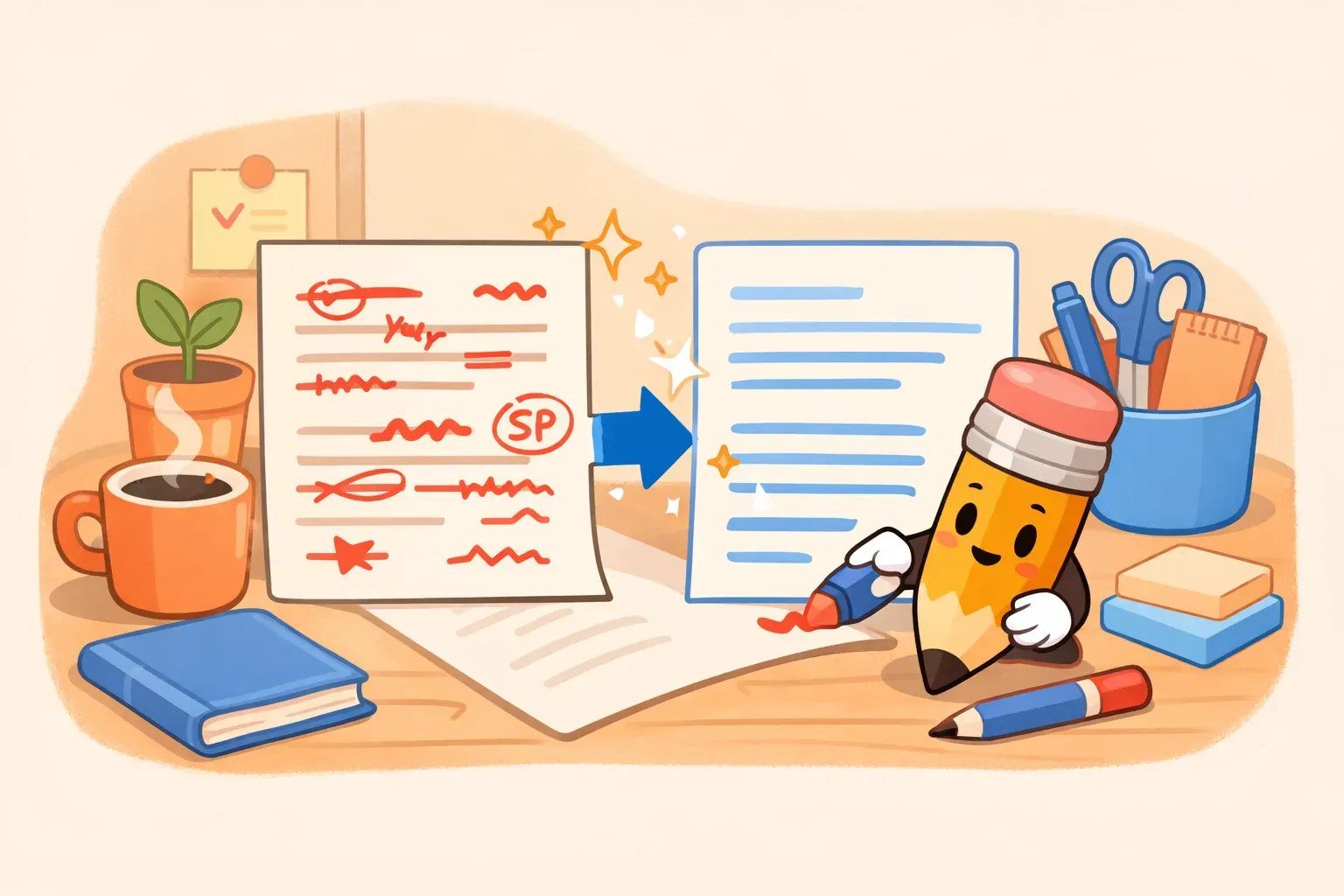 A writer reviewing AI-edited document with highlighted improvements