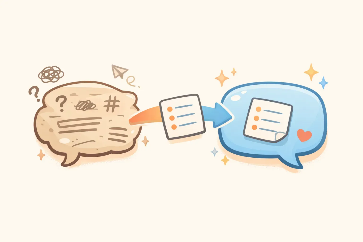 A briefing document being handed from one chat bubble to a fresh new chat bubble