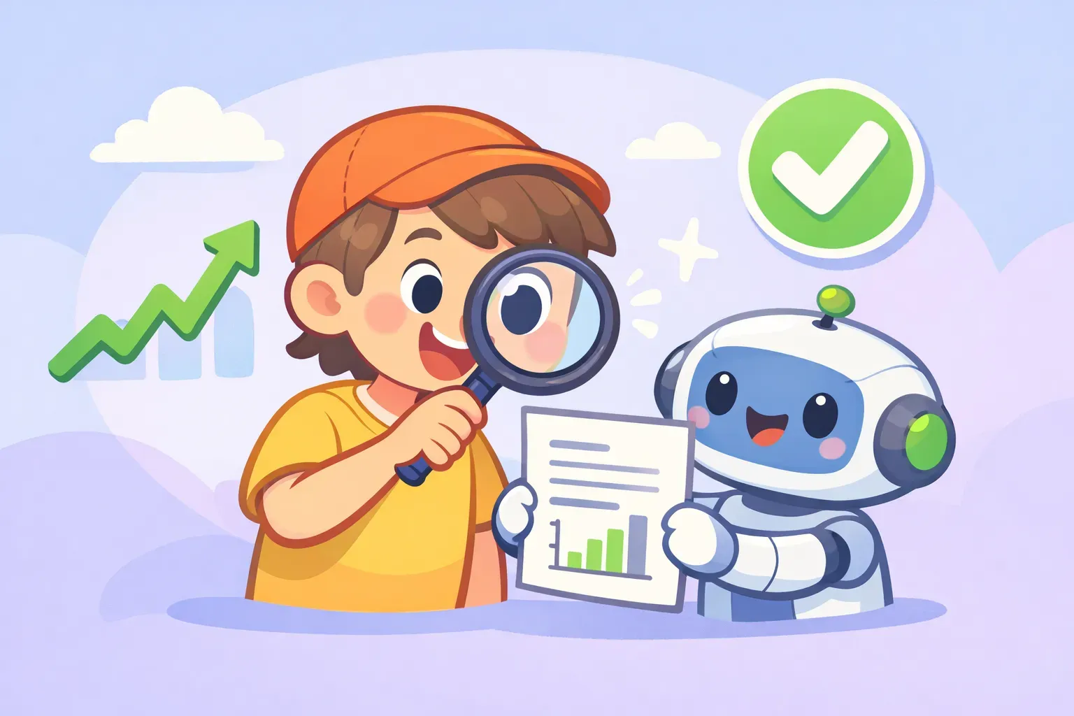 Eine Person prüft mit einer Lupe einen KI-generierten Businessplan-Entwurf, der ihr von einem freundlichen Roboter überreicht wird, und verifiziert ihn