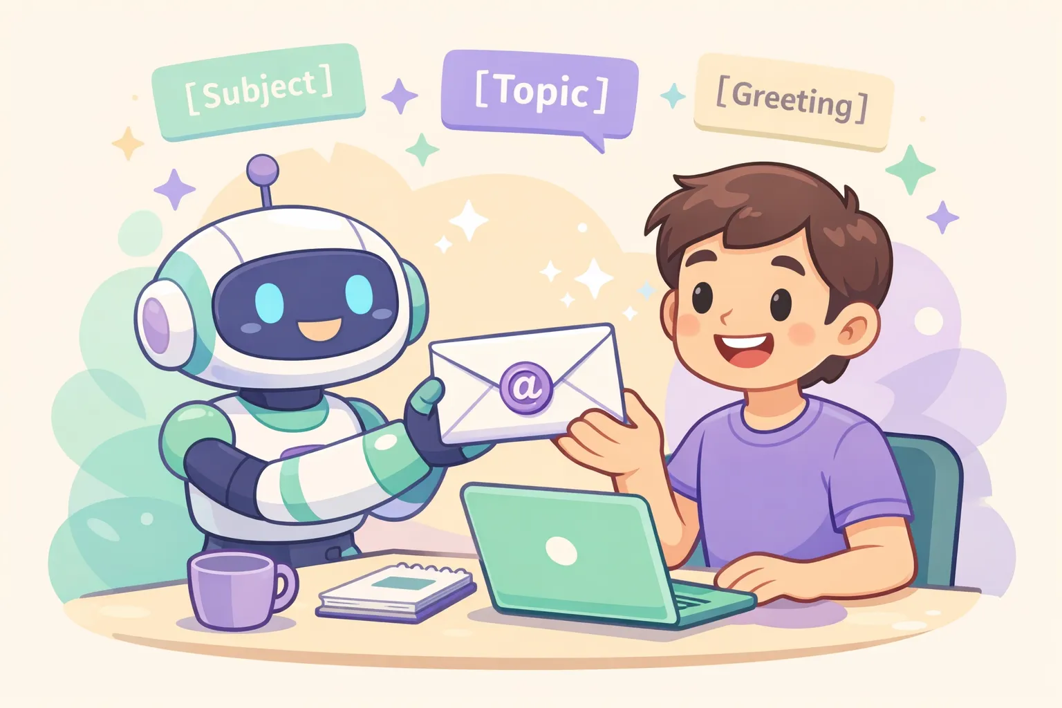 Robot asistente de dibujos animados entregando un sobre de correo pulido a una persona sonriente, con tarjetas de prompt flotando que muestran corchetes de marcadores