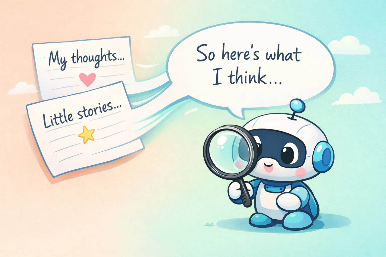 Dos tarjetas de notas manuscritas que fluyen hacia un único bocadillo de diálogo, con un robot pequeño leyéndolas, ilustrando cómo enseñar a la IA tu voz de escritura personal