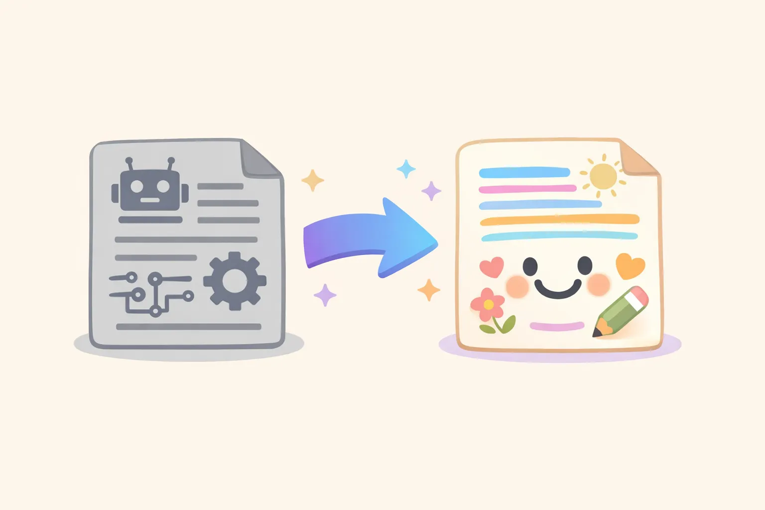 Side-by-side comparison of robotic AI output versus natural-sounding output after applying voice techniques