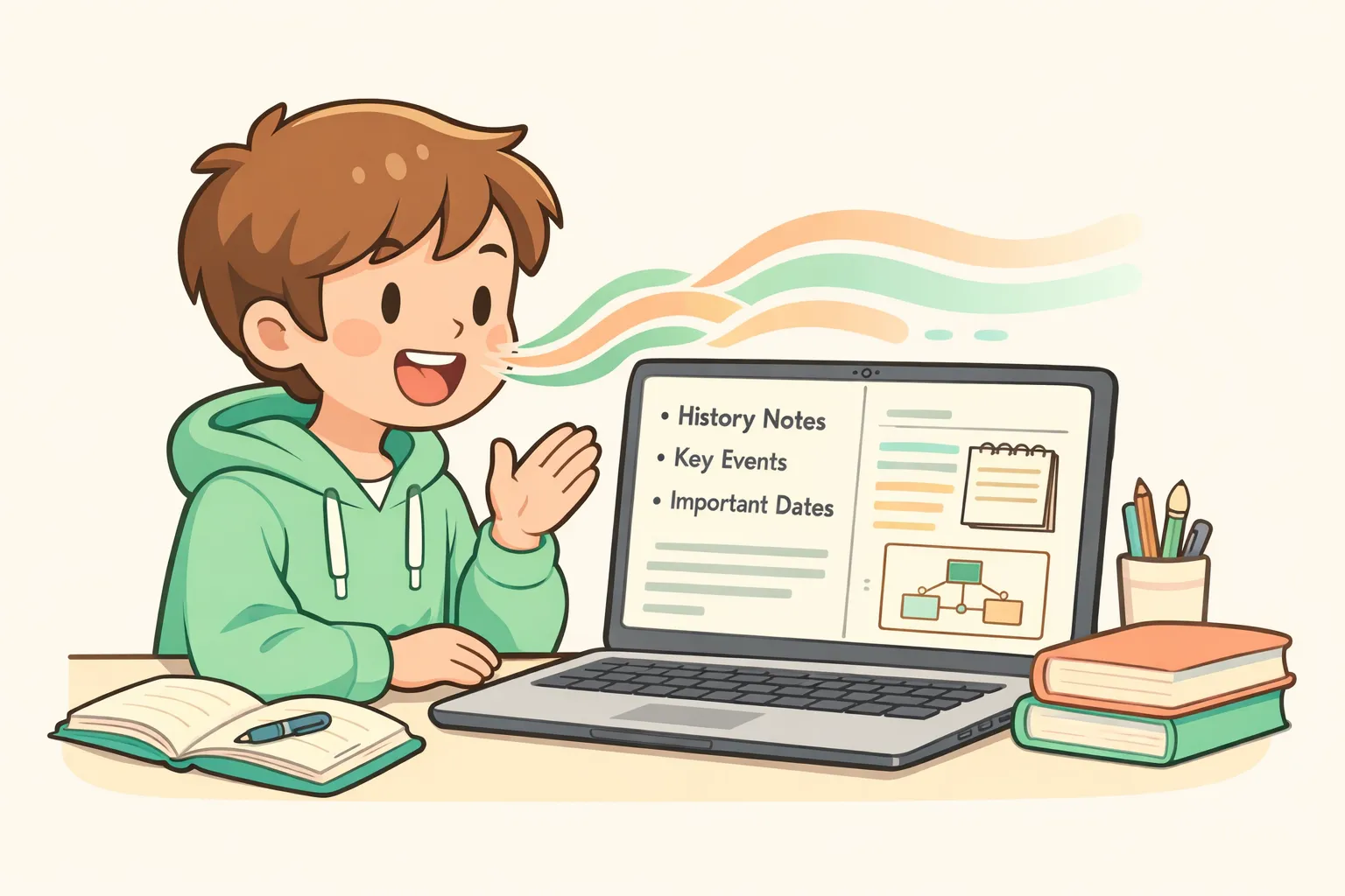 노트북에 대고 말하는 학생을 그린 만화 일러스트, 음파가 깔끔한 텍스트와 공부 노트로 바뀌고 있다