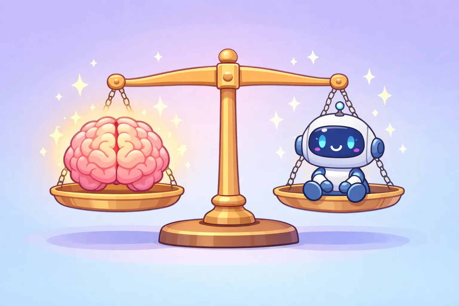 한쪽에는 뇌, 다른 쪽에는 로봇 도우미를 올려놓고 저울질하는 모습을 부드러운 파스텔 색조로 그린 만화 일러스트