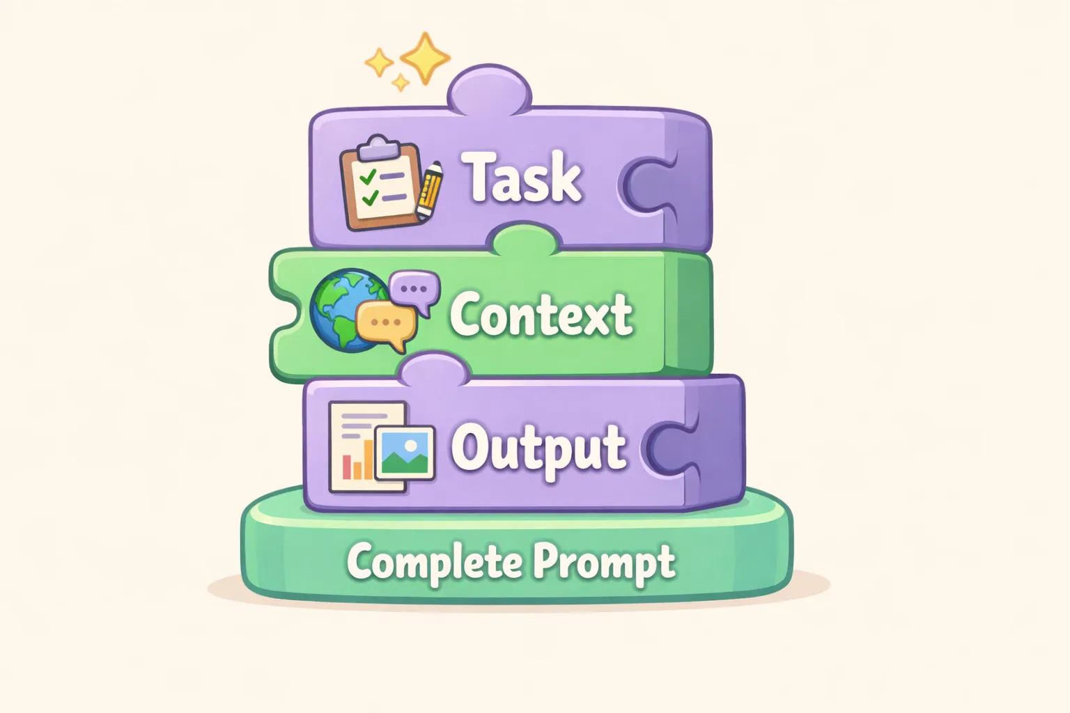 Three building blocks representing the core components of every effective prompt: task, context, and output signal