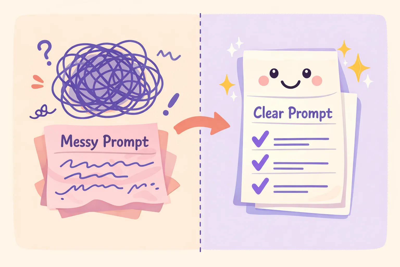 Before and after showing a messy overloaded prompt transforming into a clean, focused prompt