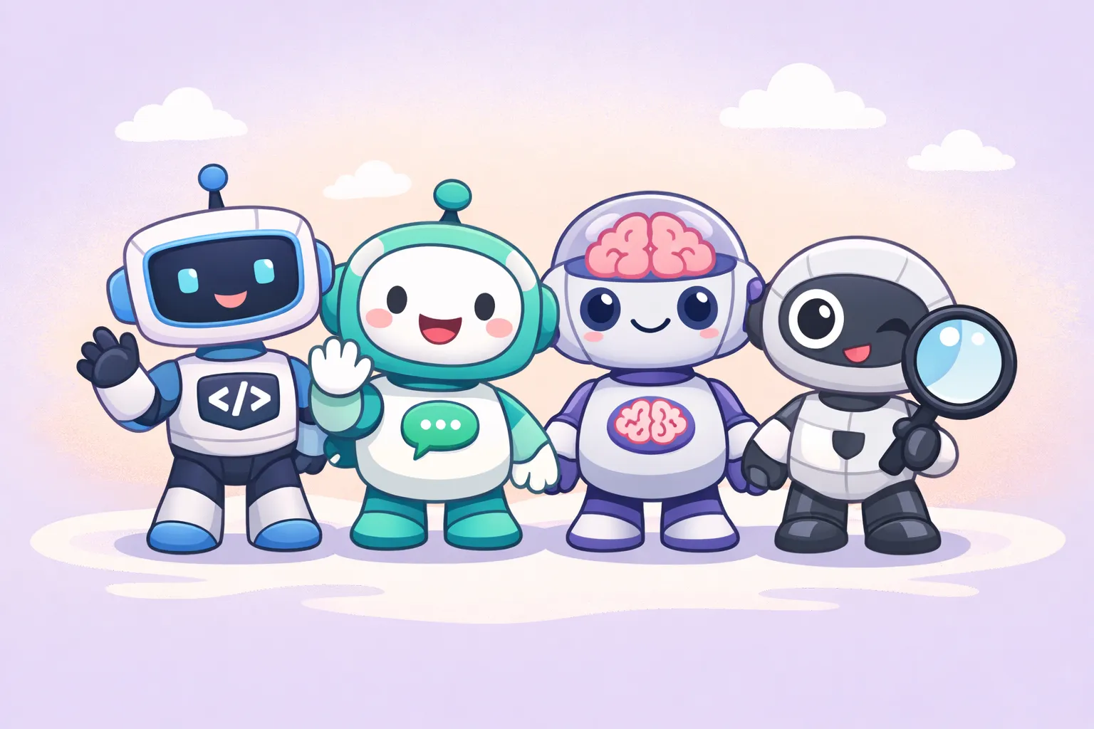 Illustration showing different AI coding assistants helping with various programming tasks