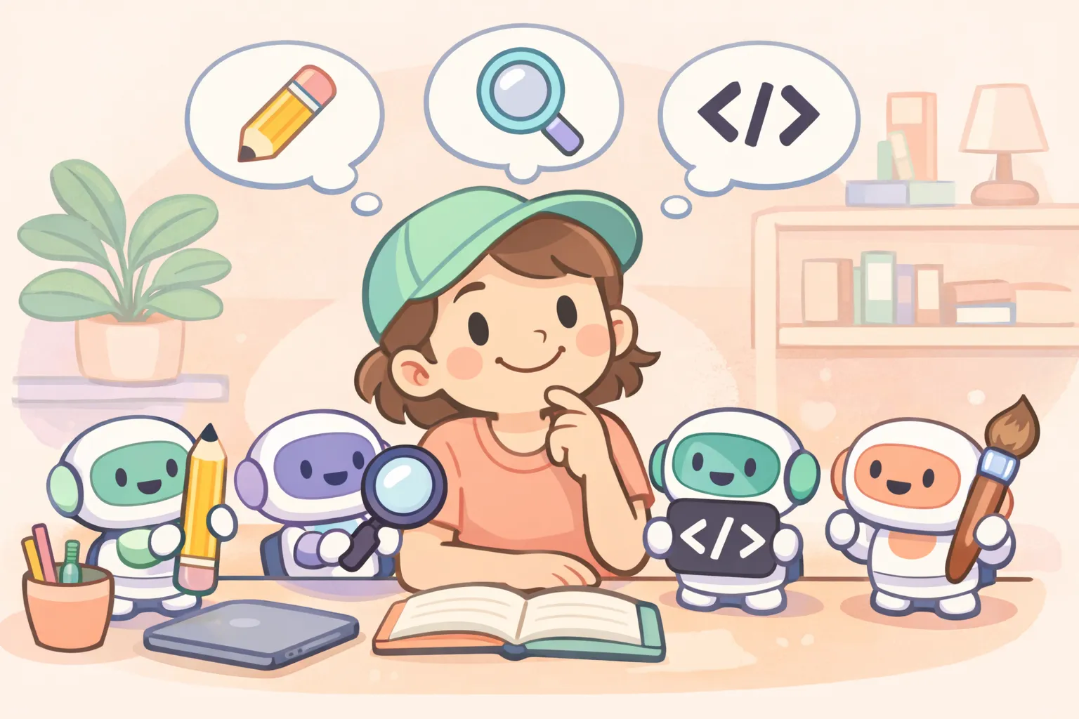 Illustration of a person choosing between different AI chatbot helpers, each holding a tool for writing, research, coding, or images