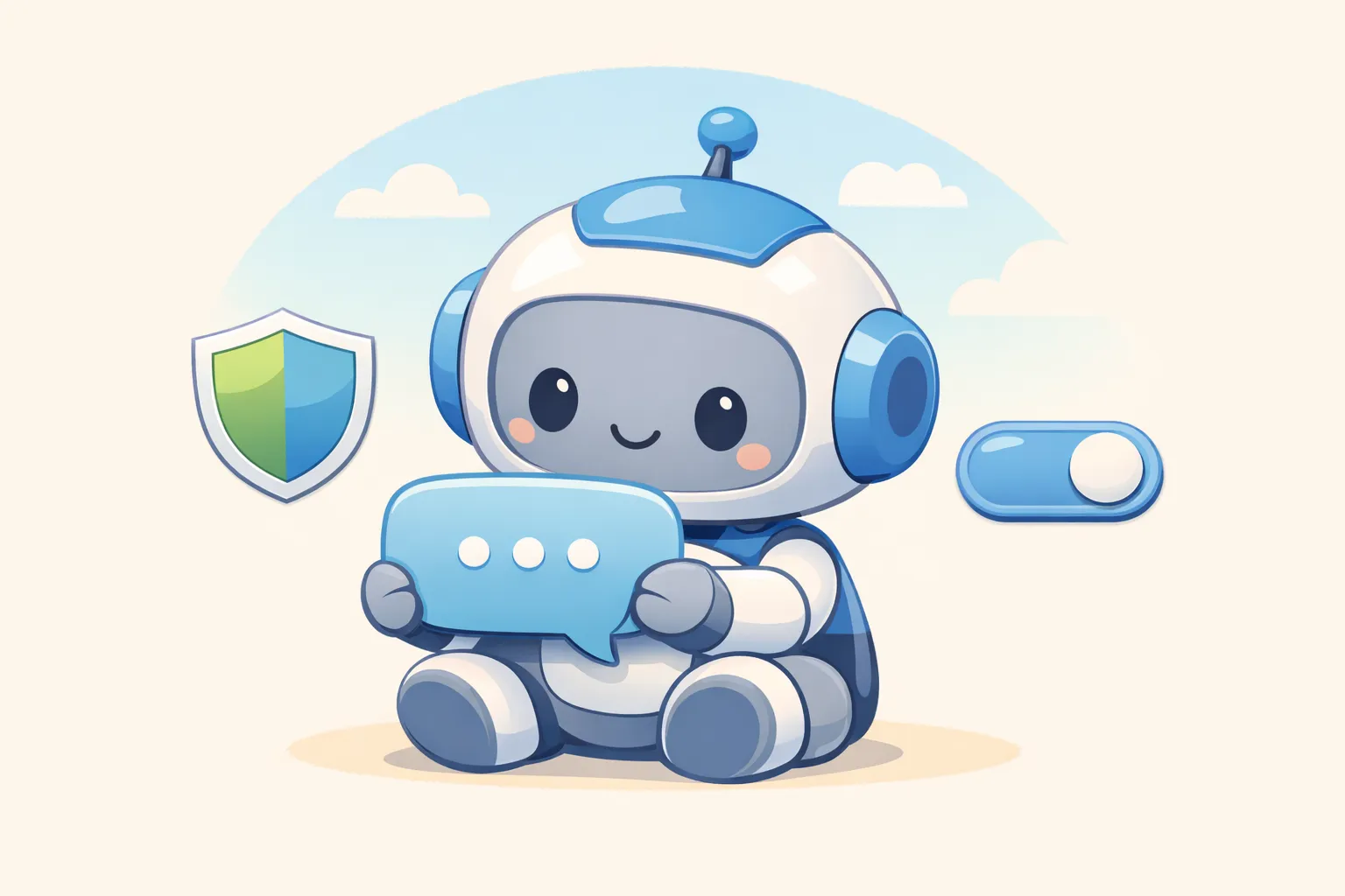 Illustration of a friendly robot reading a chat bubble with a privacy shield and a toggle switch nearby