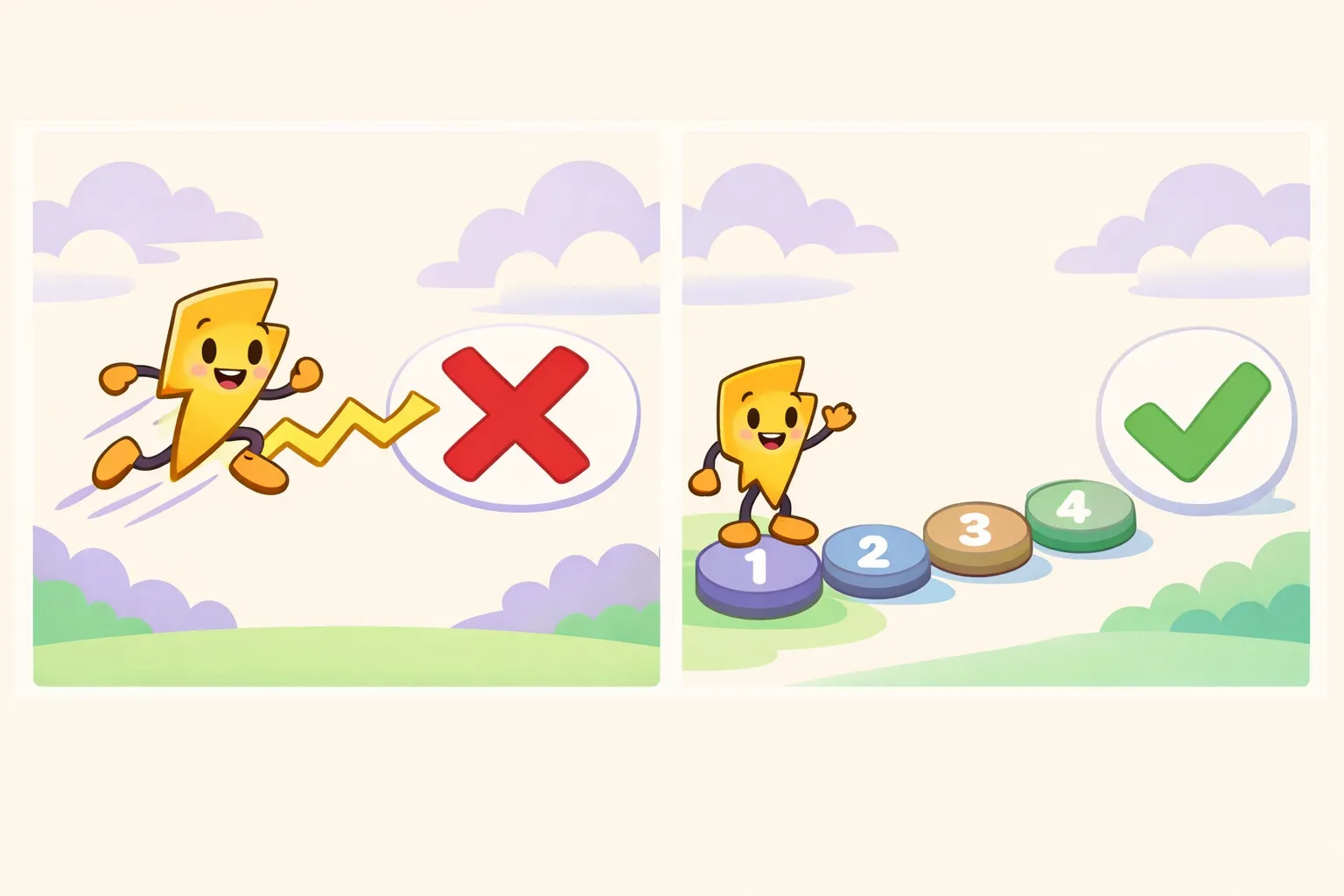 Comparison showing AI jumping to an answer versus AI reasoning through steps before answering