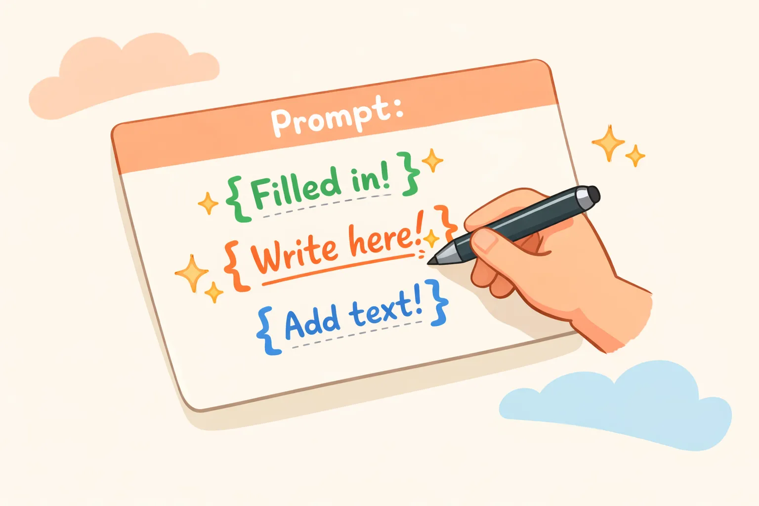 A prompt template card with variable placeholders being customized for different tasks