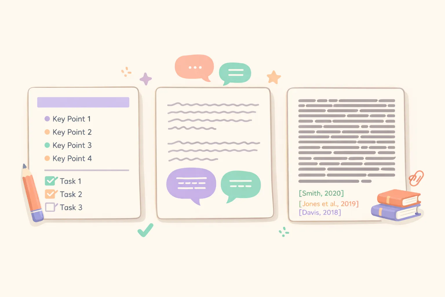 Three AI assistants with different writing styles represented by distinct document types