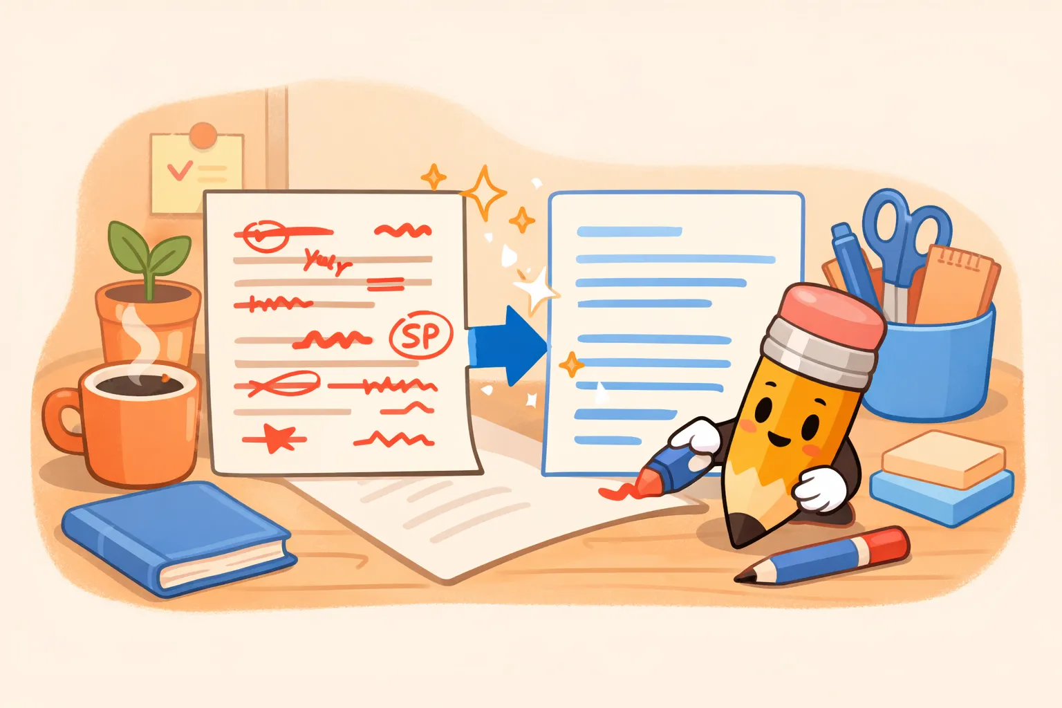 A writer reviewing AI-edited document with highlighted improvements