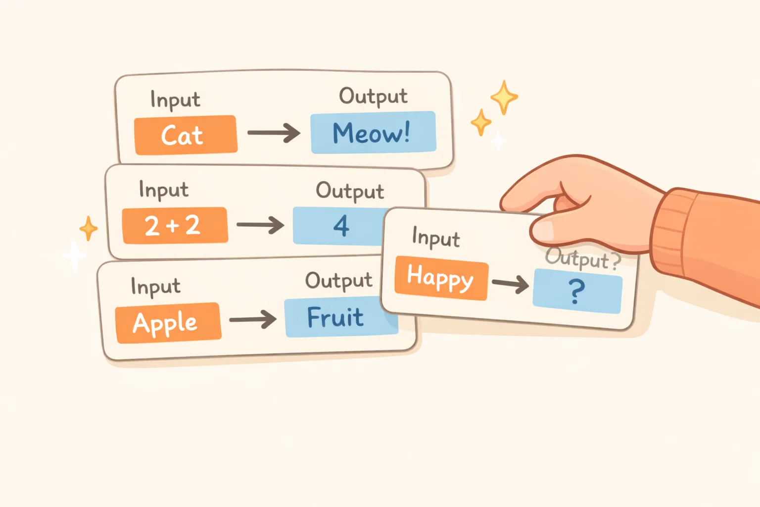 Illustration showing example cards being added to a prompt, with diminishing returns after the first few