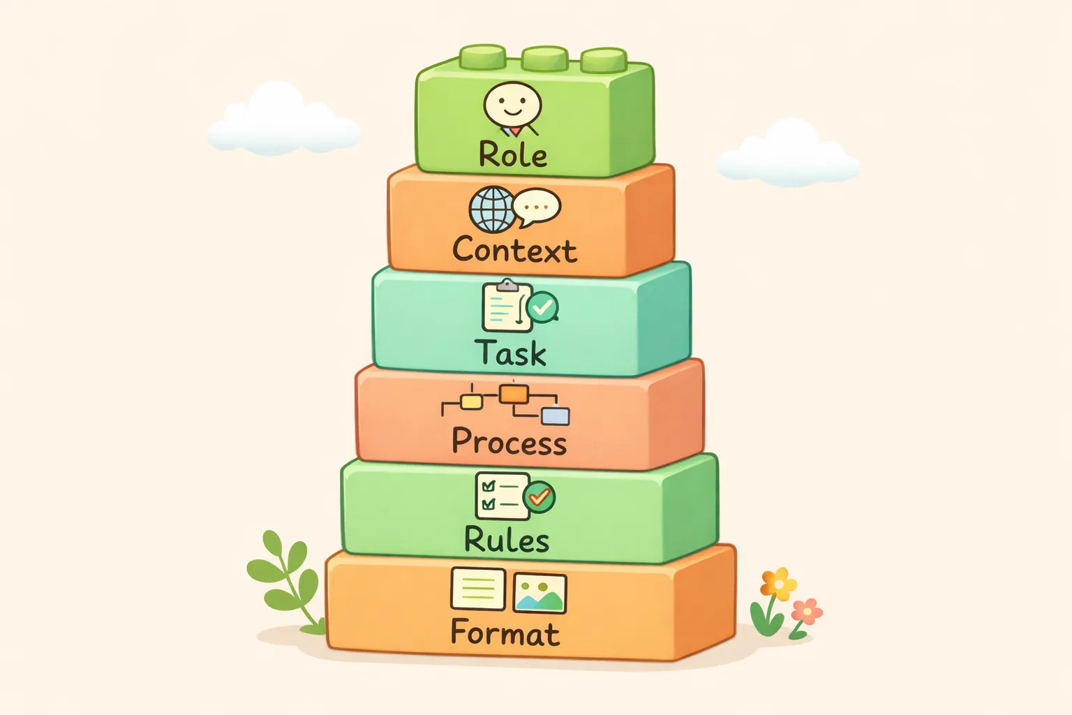 Six building blocks of a mega-prompt: Role, Context, Task, Process, Rules, and Format