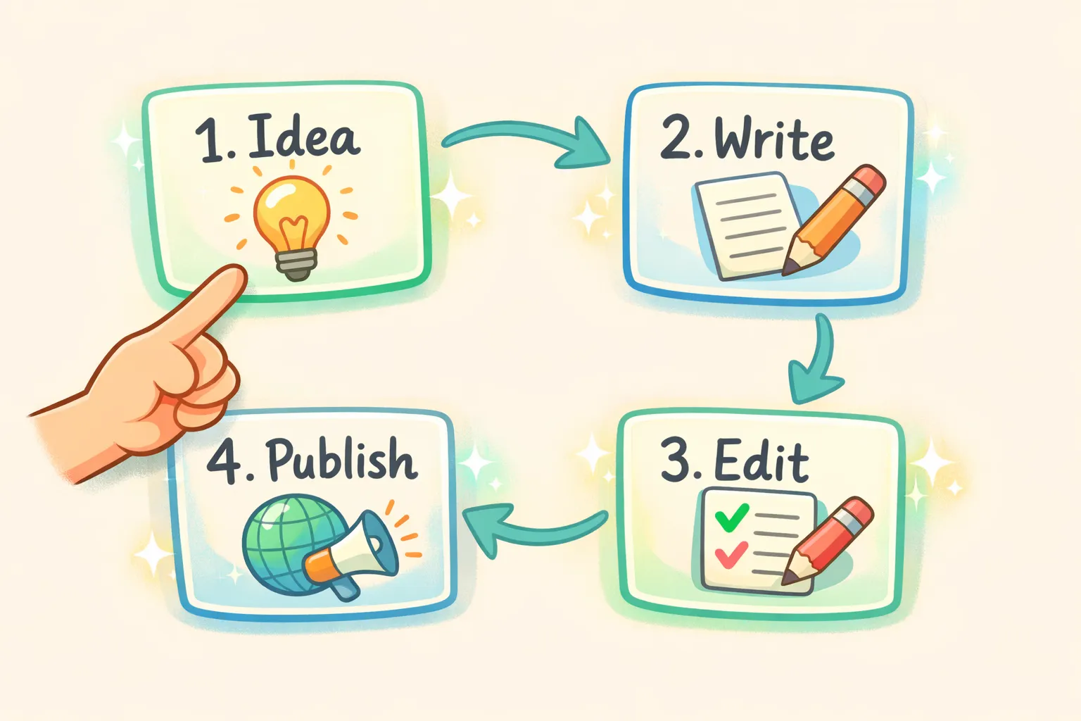 Illustration of prompt cards connected by arrows showing a workflow sequence