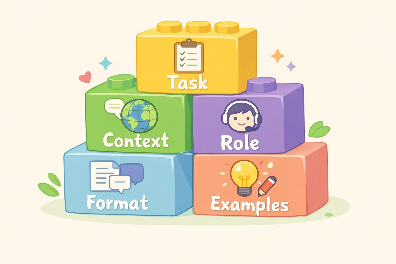 The five building blocks of effective prompts: task, context, role, format, and examples