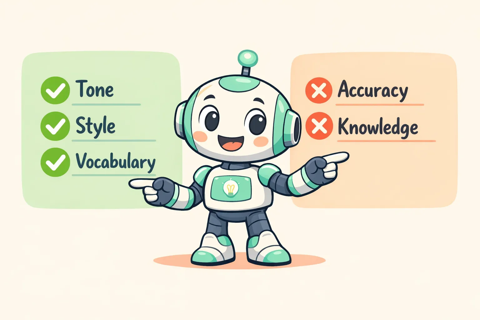 Illustration showing the difference between what role prompting changes (tone, style, vocabulary) versus what it doesn't change (accuracy, knowledge)