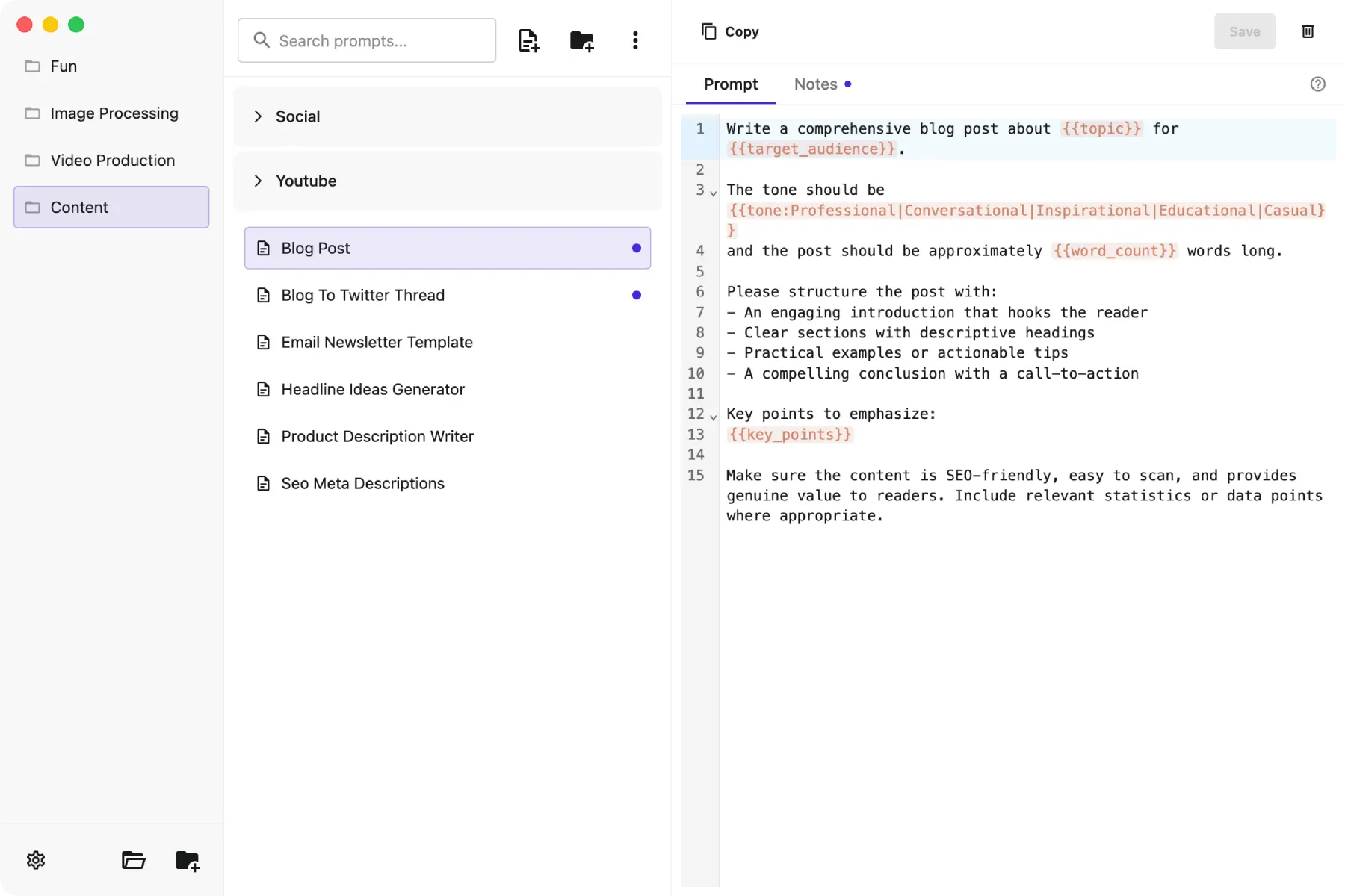 PromptNest prompt organizer interface
